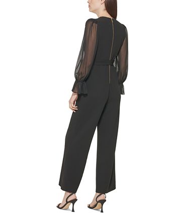 Calvin Klein Women's Crewneck Chiffon Flare Leg Jumpsuit Black Size 8