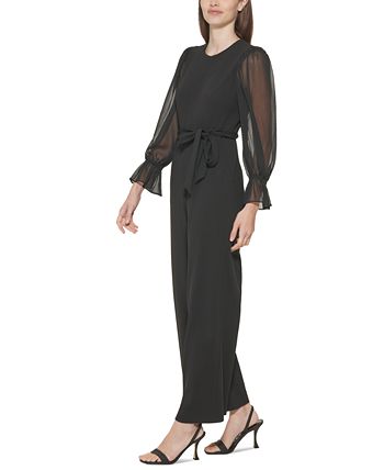 Calvin Klein Women's Crewneck Chiffon Flare Leg Jumpsuit Black Size 8