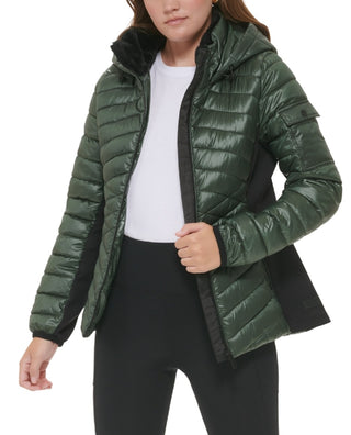 Calvin Klein Women's Hooded Mixed Media Puffer Jacket Green Size Medium