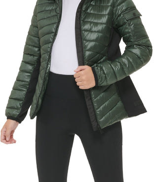 Calvin Klein Women's Hooded Mixed Media Puffer Jacket Green Size Medium