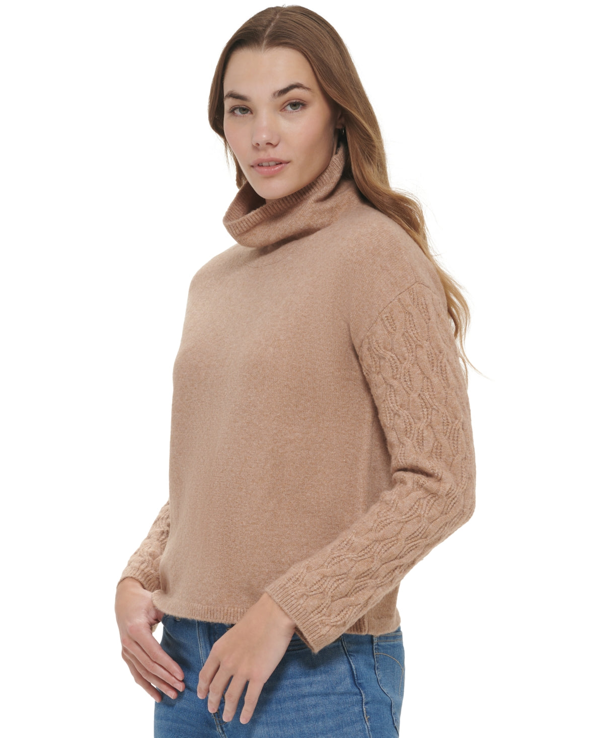 Calvin Klein Women's Cable Knit Sleeve Sweater Brown Size Large
