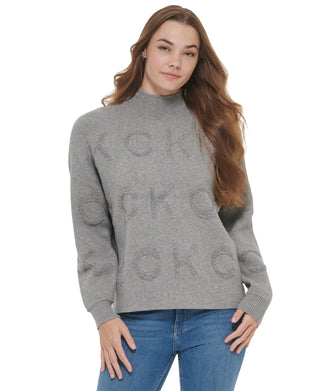 Calvin Klein Women's Tonal Logo Mock Neck Sweater Gray Size Medium