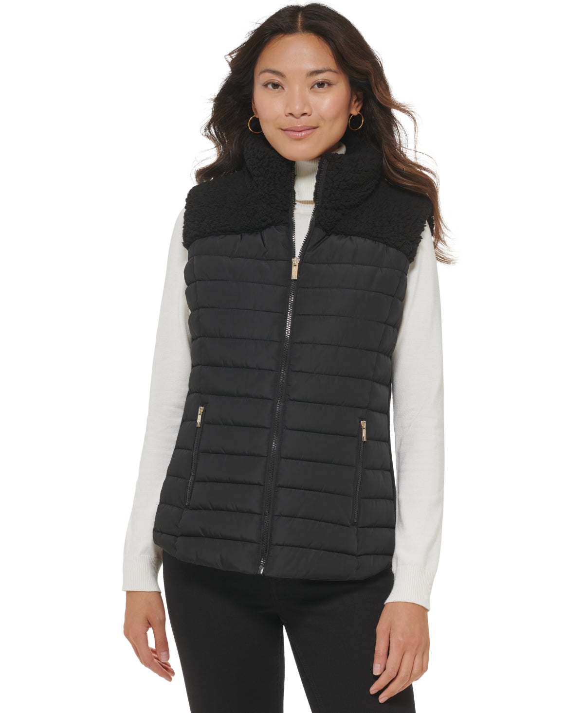 Calvin Klein Women's Sherpa Trim Puffer Vest Black Size Large