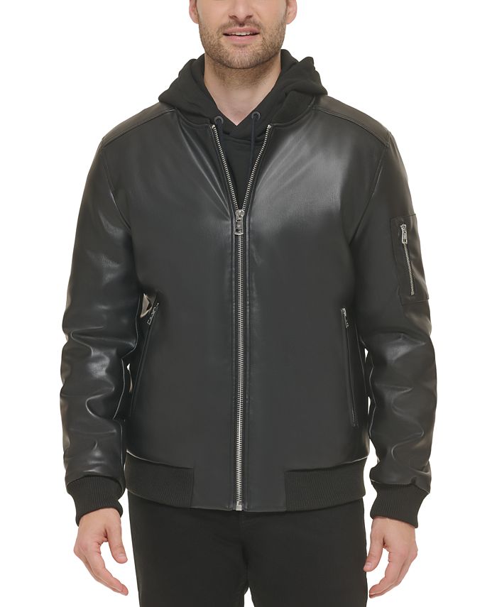 Calvin Klein Men's Faux Leather Bomber Jacket Black Size Large