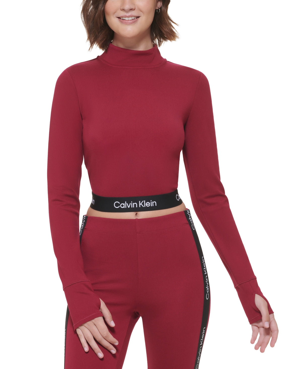 Calvin Klein Women's Logo Elastic Mock Neck Top Red Size X-Small