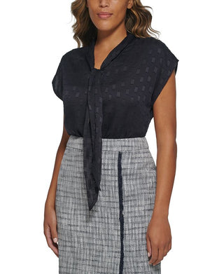 Calvin Klein Women's Cap Sleeve Tie Neck Blouse Blue Size Petite Medium