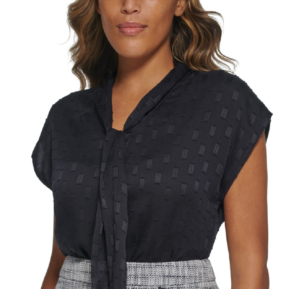 Calvin Klein Women's Cap Sleeve Tie Neck Blouse Blue Size Petite Medium