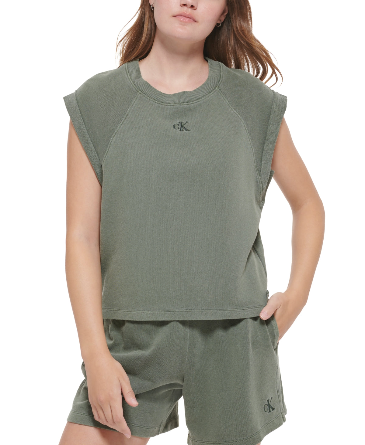 Calvin Klein Jeans Women's Sleeveless Cotton Sweatshirt Green Size Large