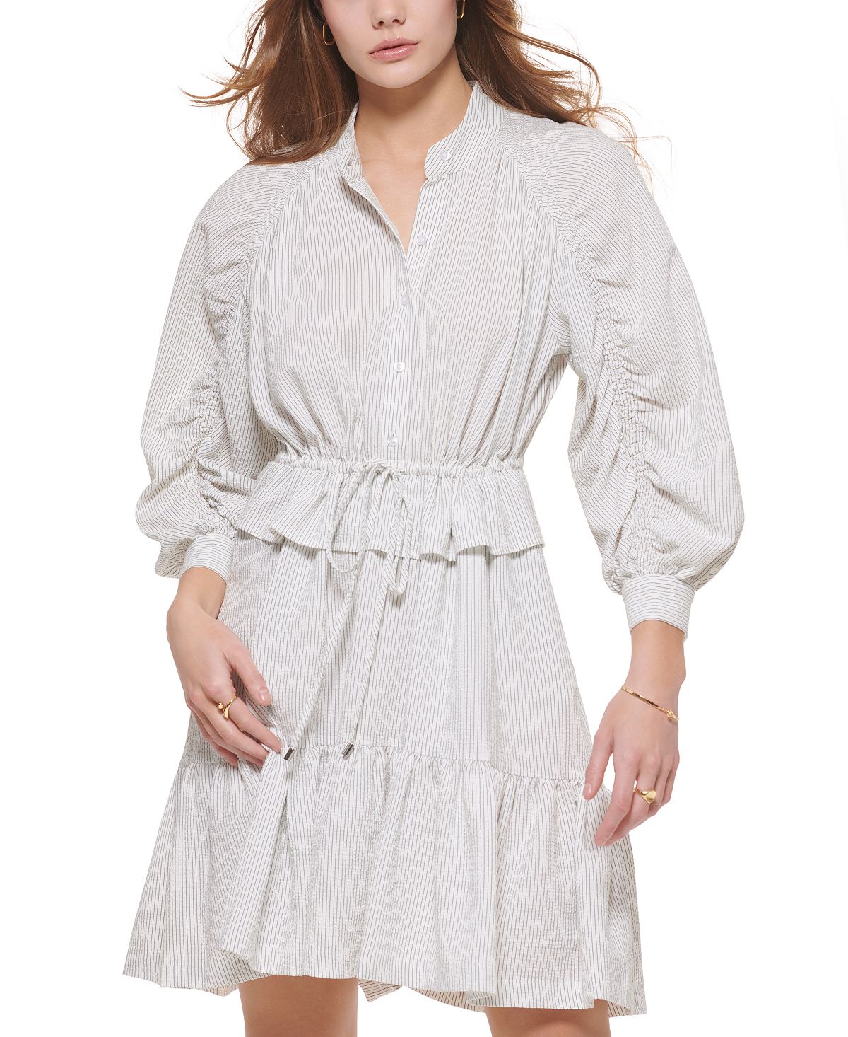 Calvin Klein Women's Tie Waist Ruched Sleeve Shirtdress White Size X-Small