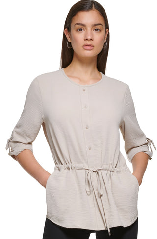 Calvin Klein Women's Tie Waist Button Down Shirt Brown Size Large