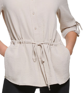 Calvin Klein Women's Tie Waist Button Down Shirt Brown Size Large
