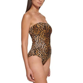 Calvin Klein Women's Leopard Print Strapless Tummy Control One Piece Swimsuit Brown