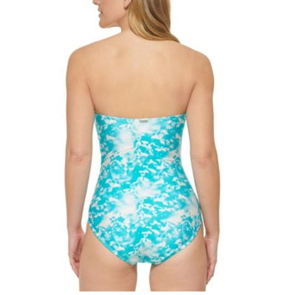 Calvin Klein Women's Printed V-Notch Bandeau One-Piece Swimsuit Blue Size 12
