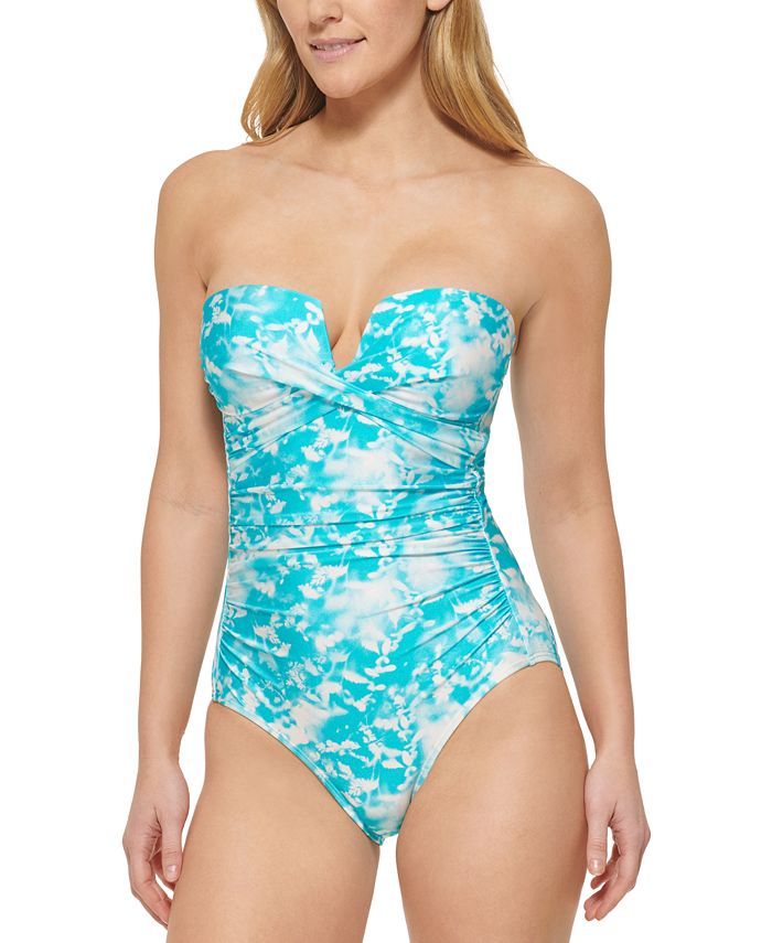 Calvin Klein Women's Printed V-Notch Bandeau One-Piece Swimsuit Blue Size 12
