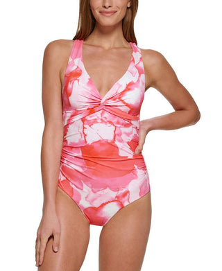Calvin Klein Women's Tie Dye Strappy Back One Piece Swimsuit Pink Size 8
