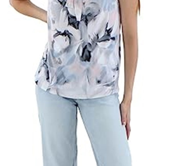 Calvin Klein Women's Printed Tie Neck Pullover Top Blue Size Petite Small