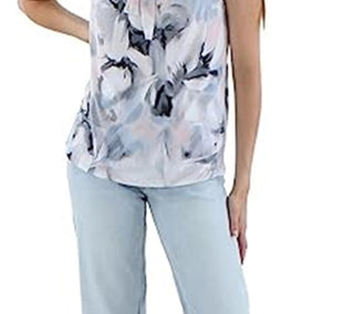 Calvin Klein Women's Printed Tie Neck Pullover Top Blue Size Petite Small