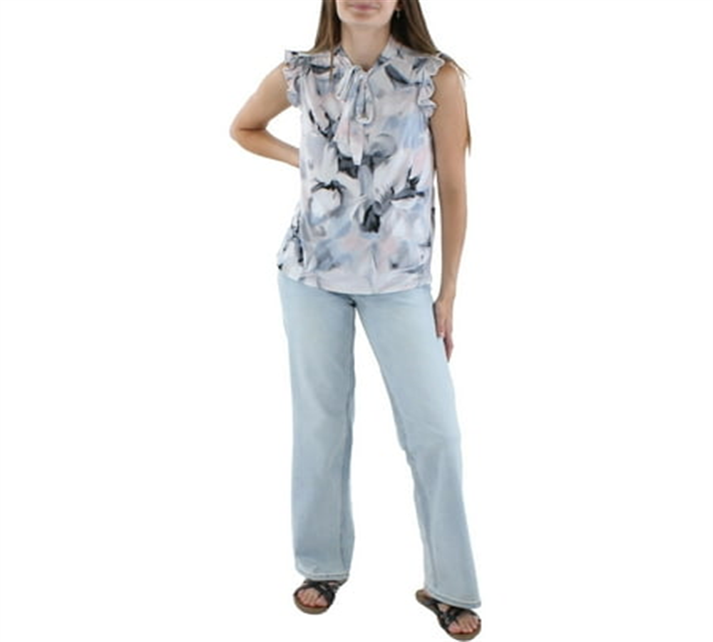 Calvin Klein Women's Printed Tie Neck Pullover Top Blue Size Petite Small
