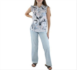 Calvin Klein Women's Printed Tie Neck Pullover Top Blue Size Petite Small