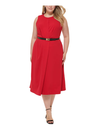 Calvin Klein Women's Plus Size Belted A-Line Dress Color Red