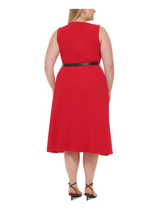 Calvin Klein Women's Plus Size Belted A-Line Dress Color Red