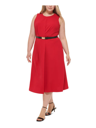 Calvin Klein Women's Plus Size Belted A-Line Dress Color Red
