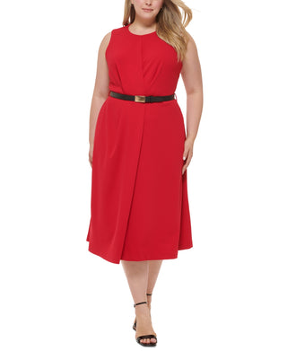 Calvin Klein Women's Plus Size Belted A-Line Dress Color Red