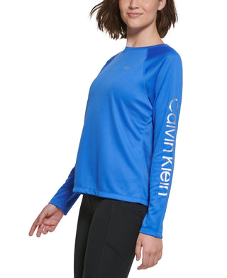 Calvin Klein Women's Raglan Sleeve Logo Top Blue Size Medium
