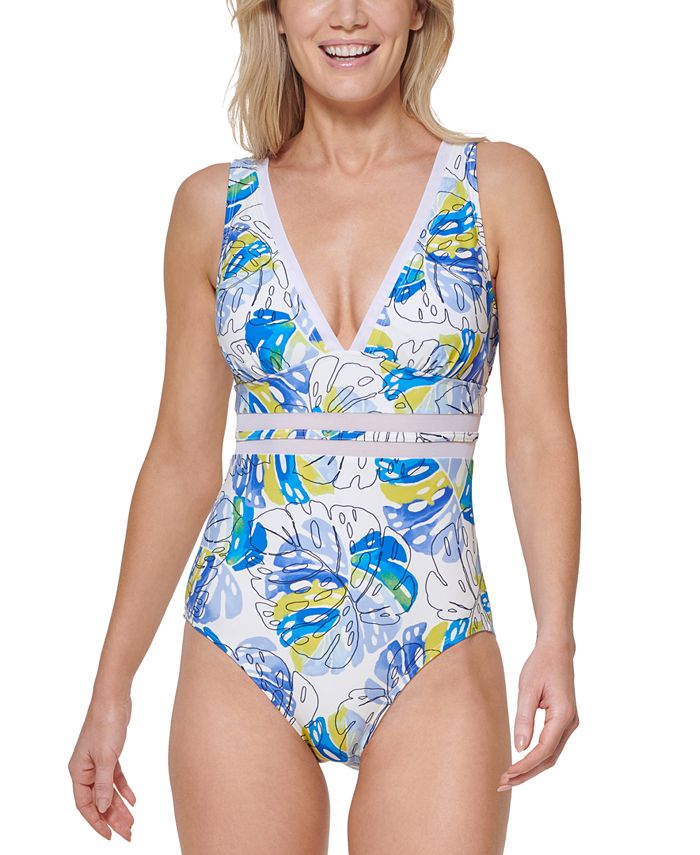 Tommy Hilfiger Women's Printed Mesh Inset Plunge One Piece Swimsuit White