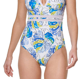 Tommy Hilfiger Women's Printed Mesh Inset Plunge One Piece Swimsuit White