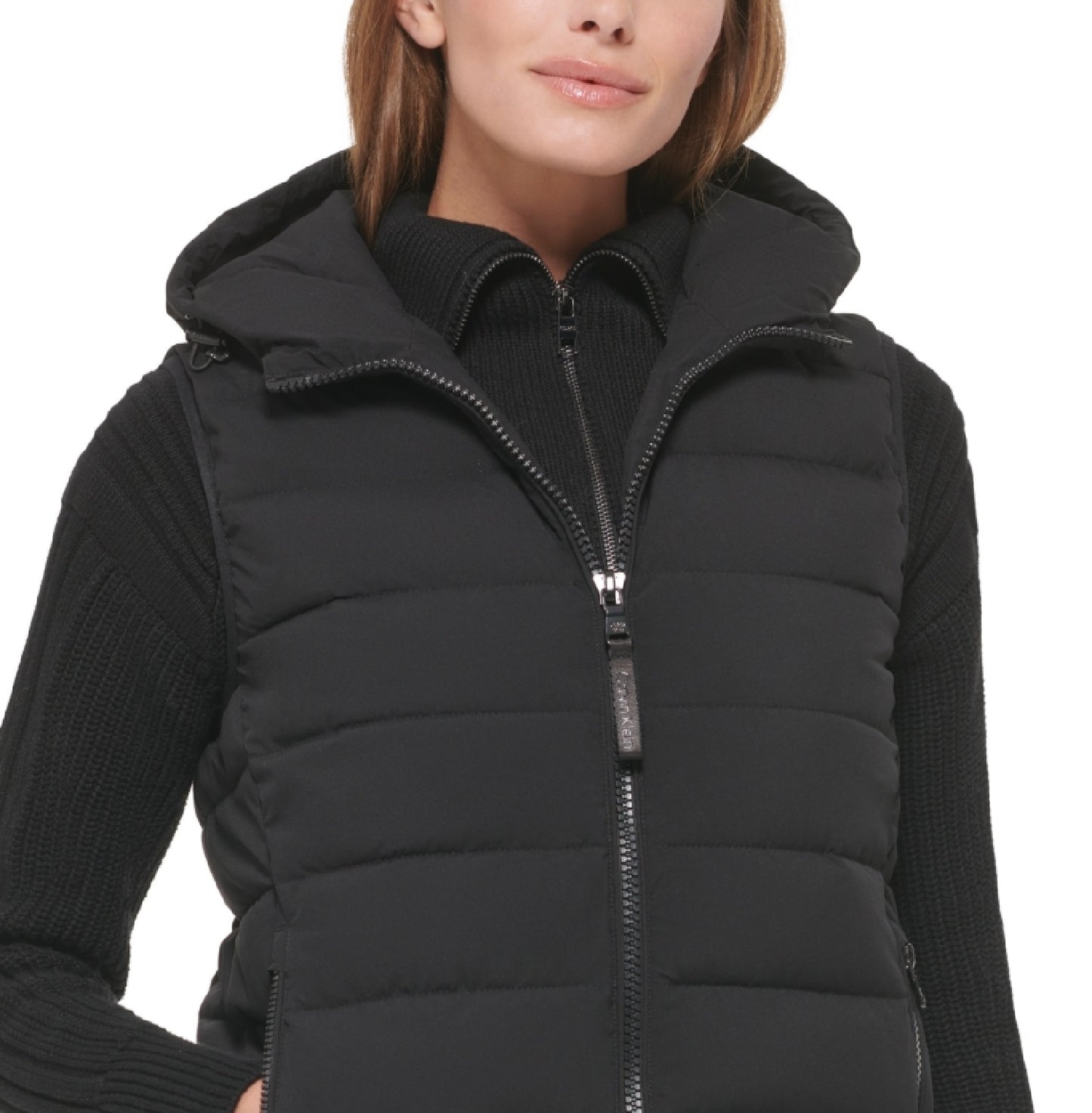 Calvin Klein Women's Hooded Quilted Zip Front Vest Black Size X-Large