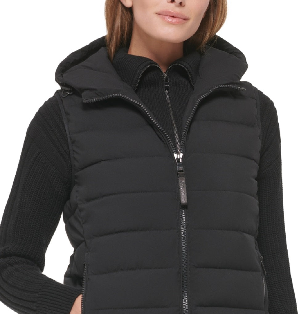 Calvin Klein Women's Hooded Quilted Zip Front Vest Black Size Large