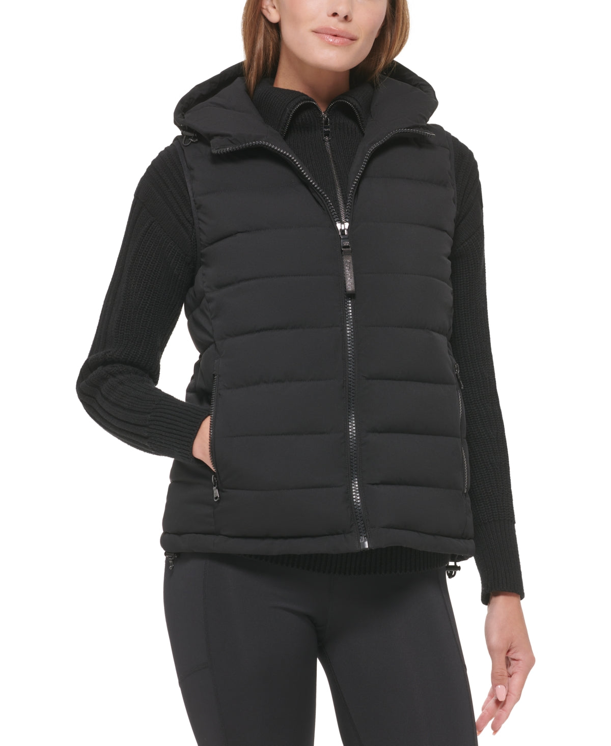 Calvin Klein Women's Hooded Quilted Zip Front Vest Black Size Large