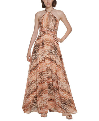 Calvin Klein Women's Snake Print Halter Gown Brown Size 16