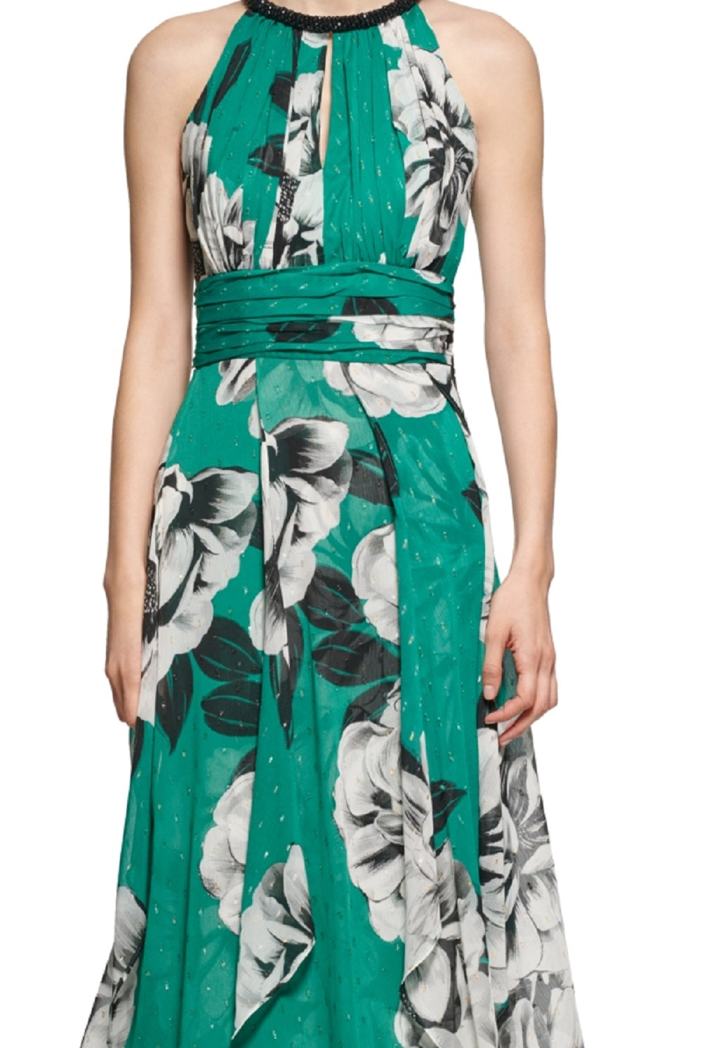 Calvin Klein Women's Metallic Embroidered Floral Print Maxi Dress Green Size 6