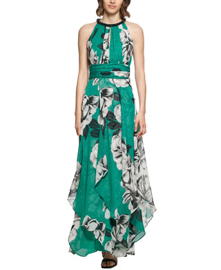 Calvin Klein Women's Metallic Embroidered Floral Print Maxi Dress Green Size 6