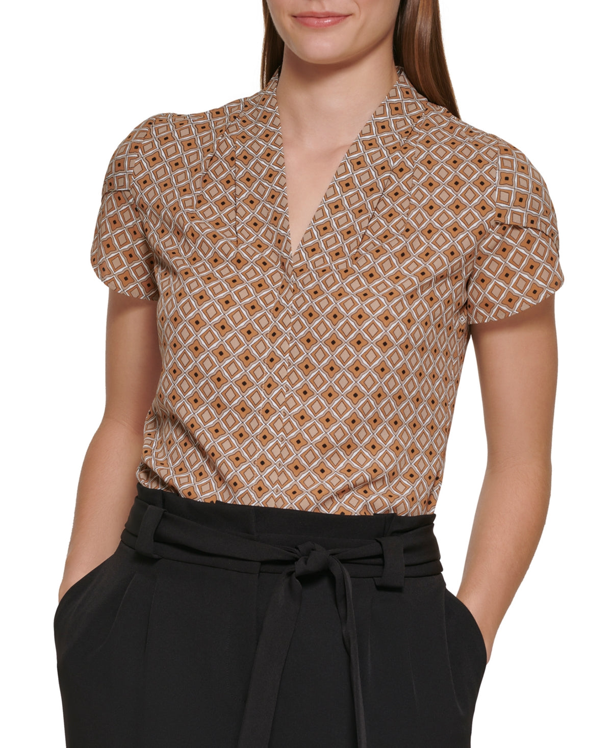 Calvin Klein Women's Printed Tulip Sleeve Top Brown Size Petite X-Small
