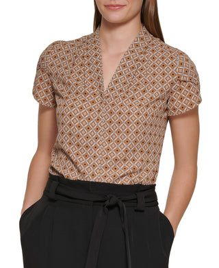 Calvin Klein Women's Printed Tulip Sleeve Top Brown Size Petite X-Small