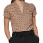 Calvin Klein Women's Printed Tulip Sleeve Top Brown Size Petite X-Small