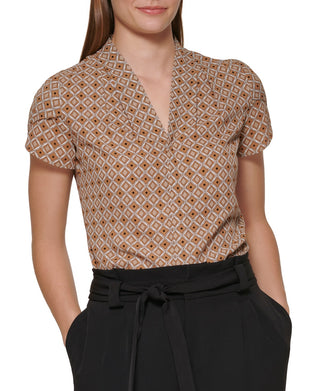 Calvin Klein Women's Printed Tulip Sleeve Top Brown Size Petite X-Small