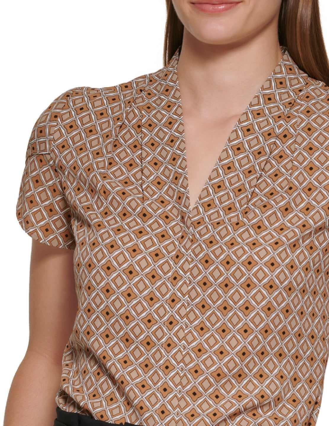 Calvin Klein Women's Printed Tulip Sleeve Top Brown Size Petite X-Small