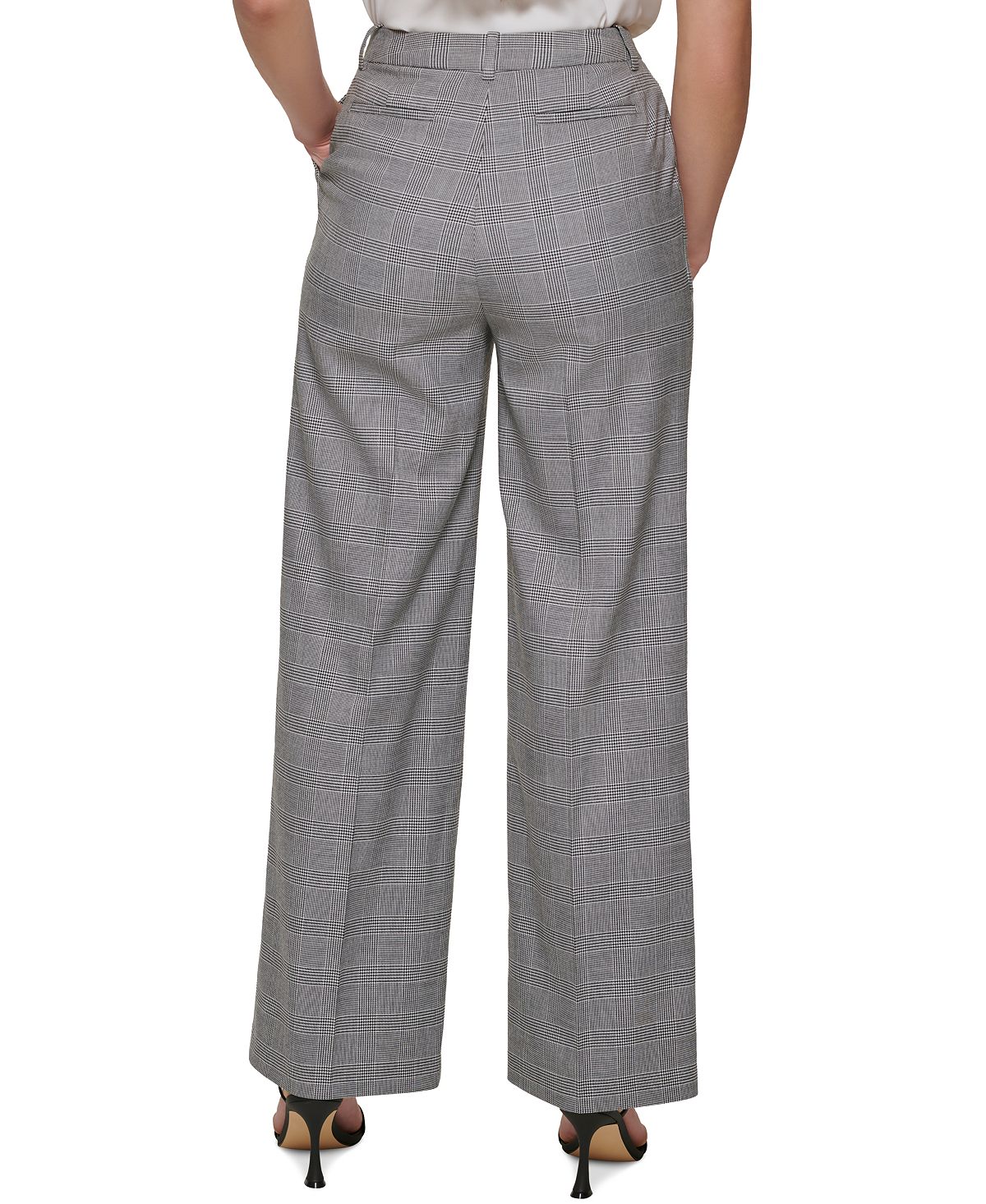 Calvin Klein Women's Houndstooth Plaid Wide Leg Pants Gray Size 14 Petite