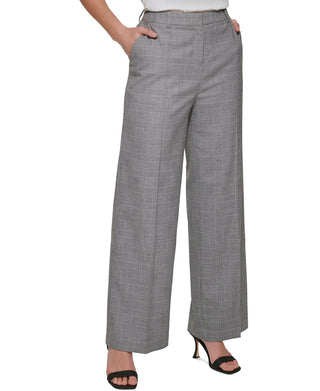 Calvin Klein Women's Houndstooth Plaid Wide Leg Pants Gray Size 14 Petite