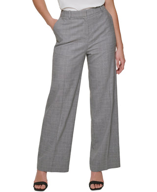 Calvin Klein Women's Houndstooth Plaid Wide Leg Pants Gray Size 14 Petite