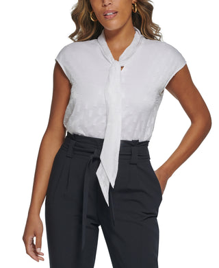 Calvin Klein Women's Cap Sleeve Tie Neck Blouse White Size Petite Large