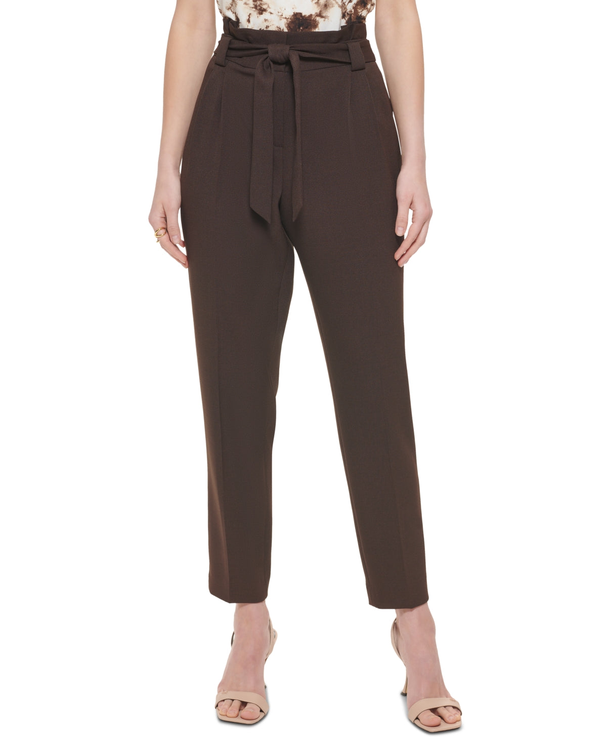 Calvin Klein Women's High Rise Tie Waist Pants Brown Size12Petite