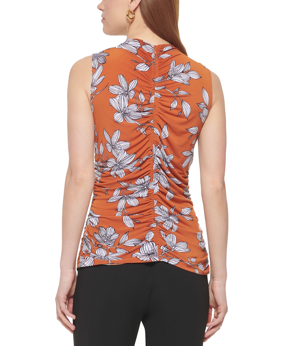 Calvin Klein Women's Floral Sleeveless Ruched Top Brown Size Petite X-Large