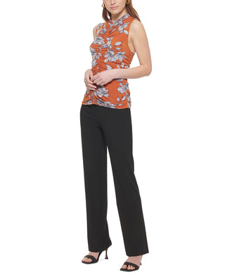 Calvin Klein Women's Floral Sleeveless Ruched Top Brown Size Petite X-Large