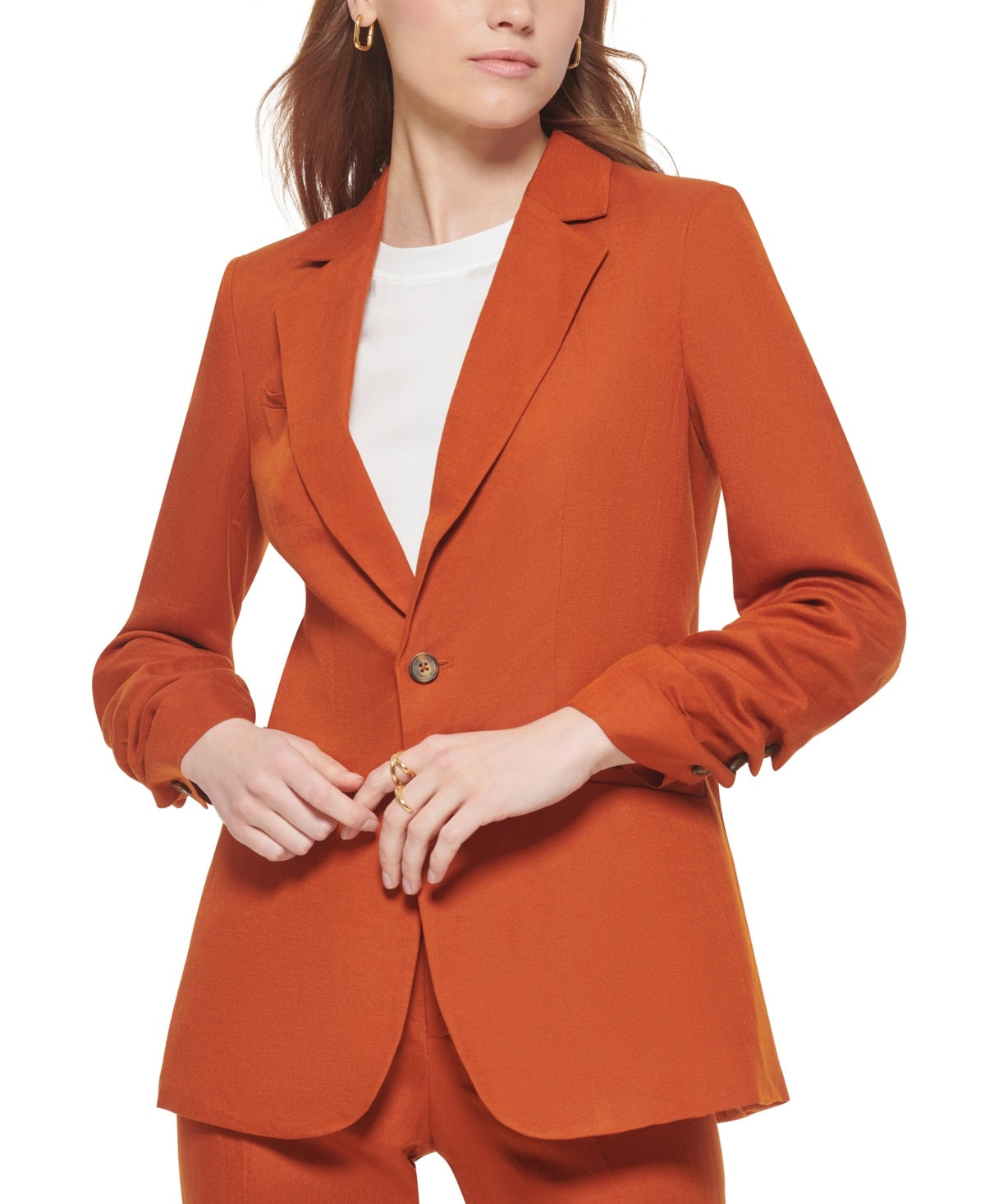 Calvin Klein Women's Button Detail Ruched Sleeve Blazer Brown Size 6Petite