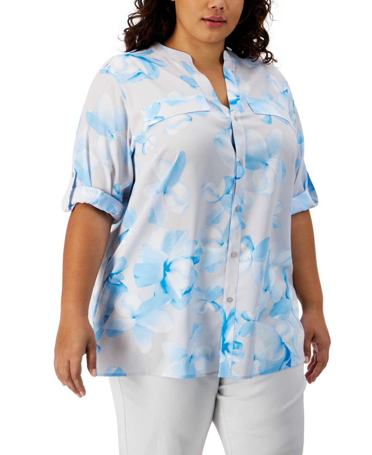 Calvin Klein Women's Printed Roll Tab Blouse Gray Size 2X